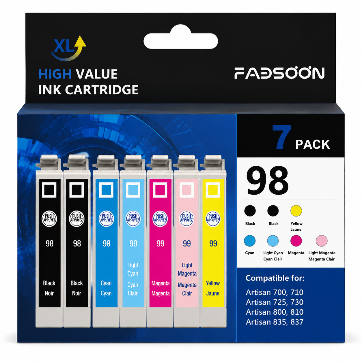 FADSOON® 7PK T098 98 Ink w/Chip 2 BK 5 Color for Epson Artisan 730 837 810 725