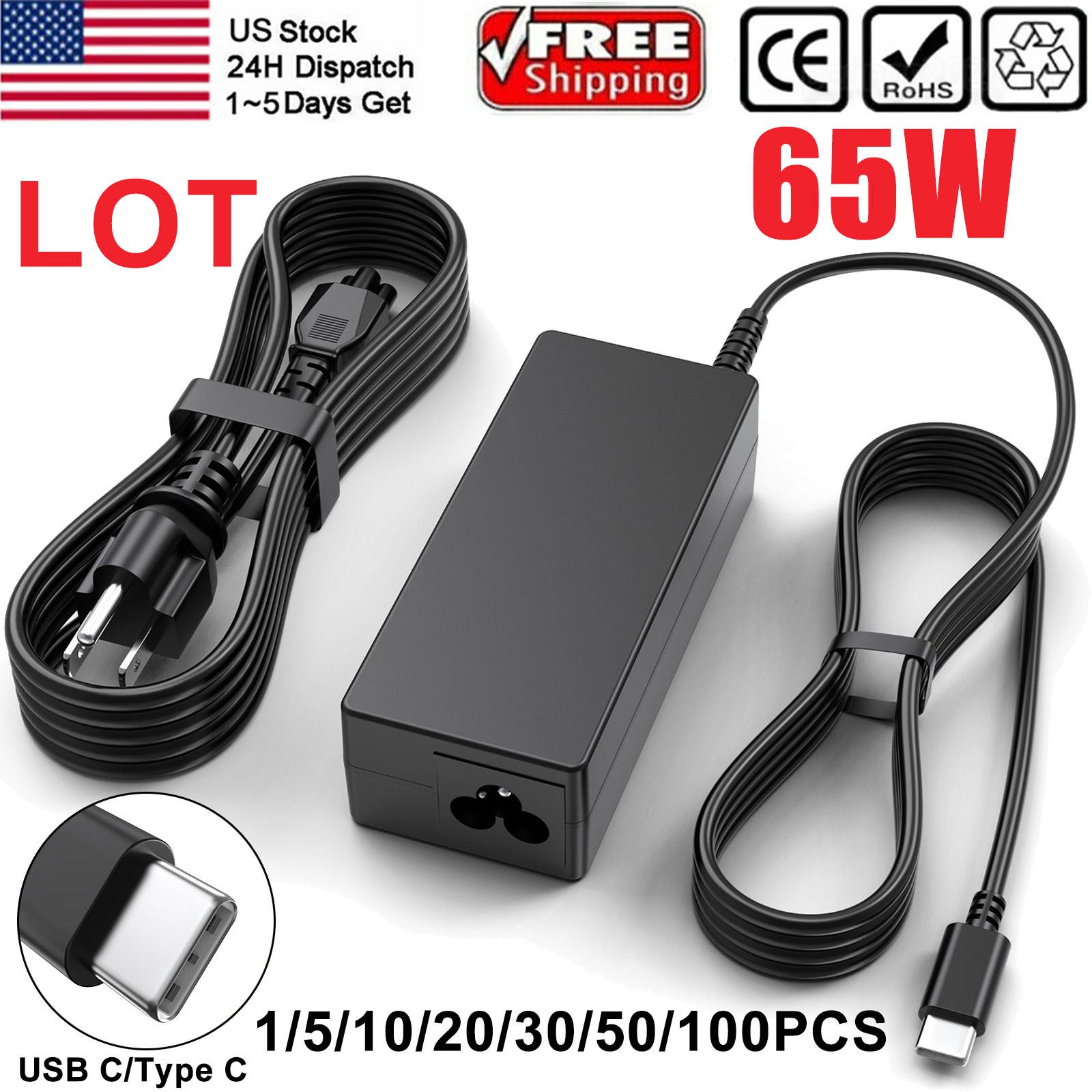 LOT of 100PCS 65W USB C Adapter Charger For Laptop | Lenovo Acer HP ASUS Dell