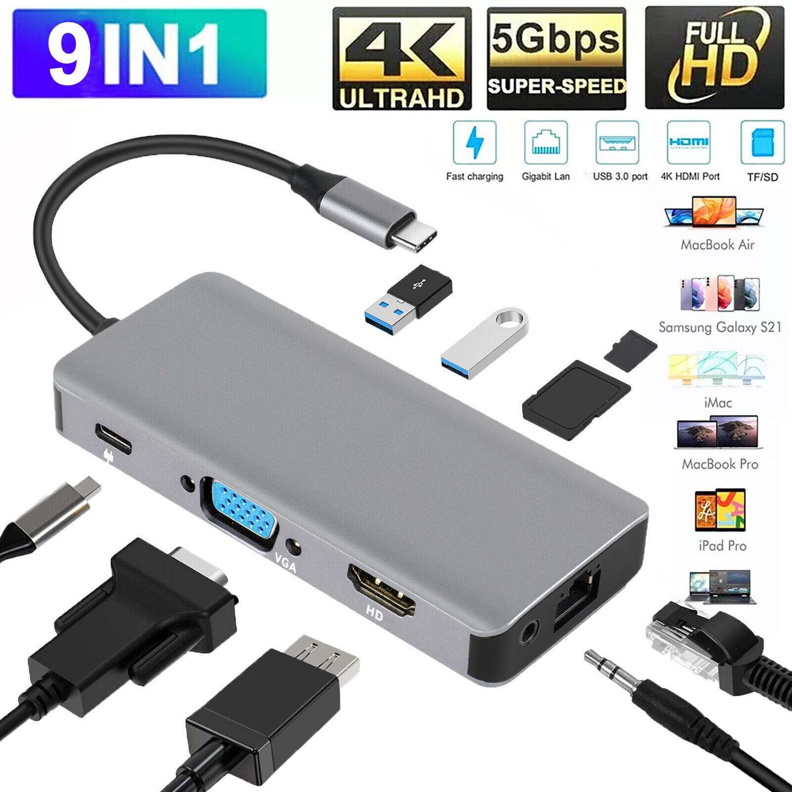 9 in 1 Multiport HUB Type-C to 4K HDMI VGA USB 3.0 Adapter for PC Laptop Macbook