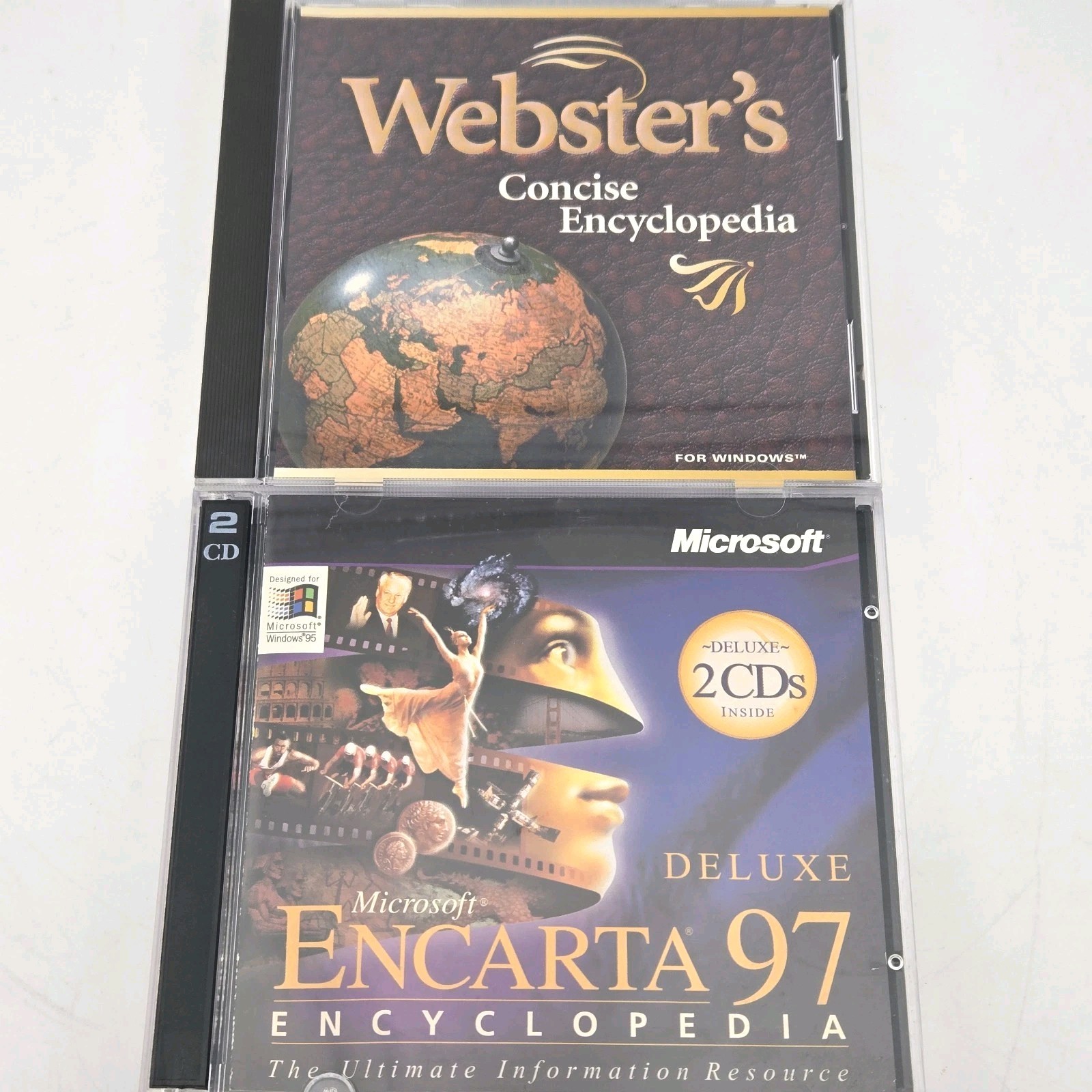 Vtg PC CD-ROM Lot Of 2 Microsoft Encarta 97 Deluxe Webster's Encyclopedia 96 