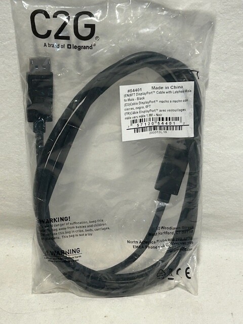 6 FT. DisplayPort Male to Male 20-Pin 28AWG Cable with Latches 28AWG Black - NEW
