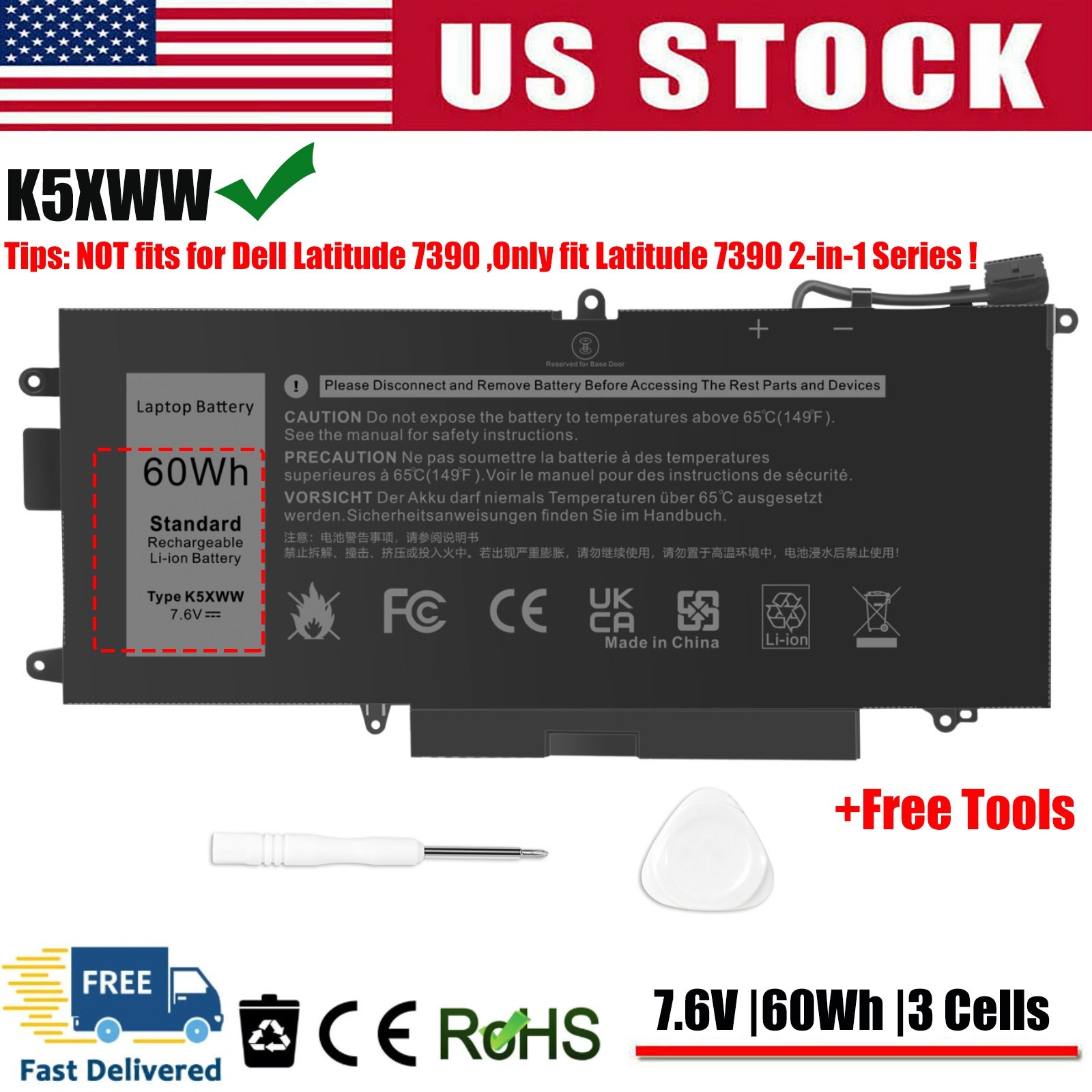 ✅K5XWW Battery For Dell Latitude 5289 7389 7390 2-in-1 71TG4 X49C1 N18GG P29S001
