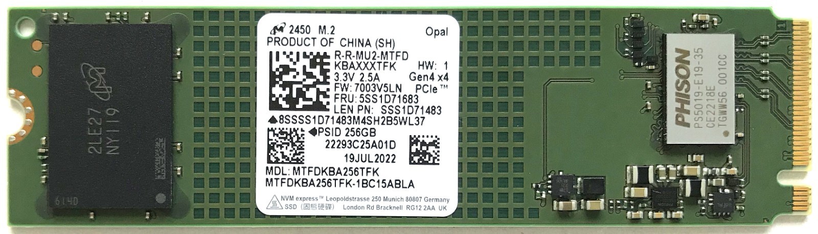 Micron 2450 256GB M.2 2280 PCIe Gen4x4 NVMe MTFDKBA256TFK LEN PN: SSS1D71483