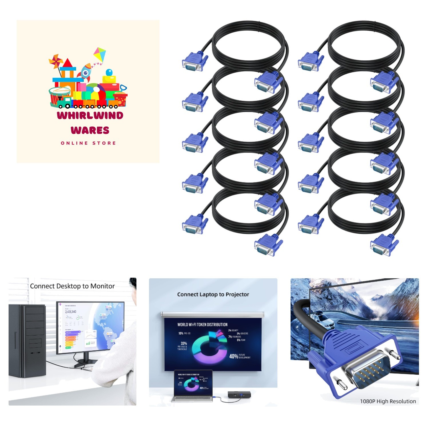 VGA Cable 6 Feet 10-Pack,1080P Full HD