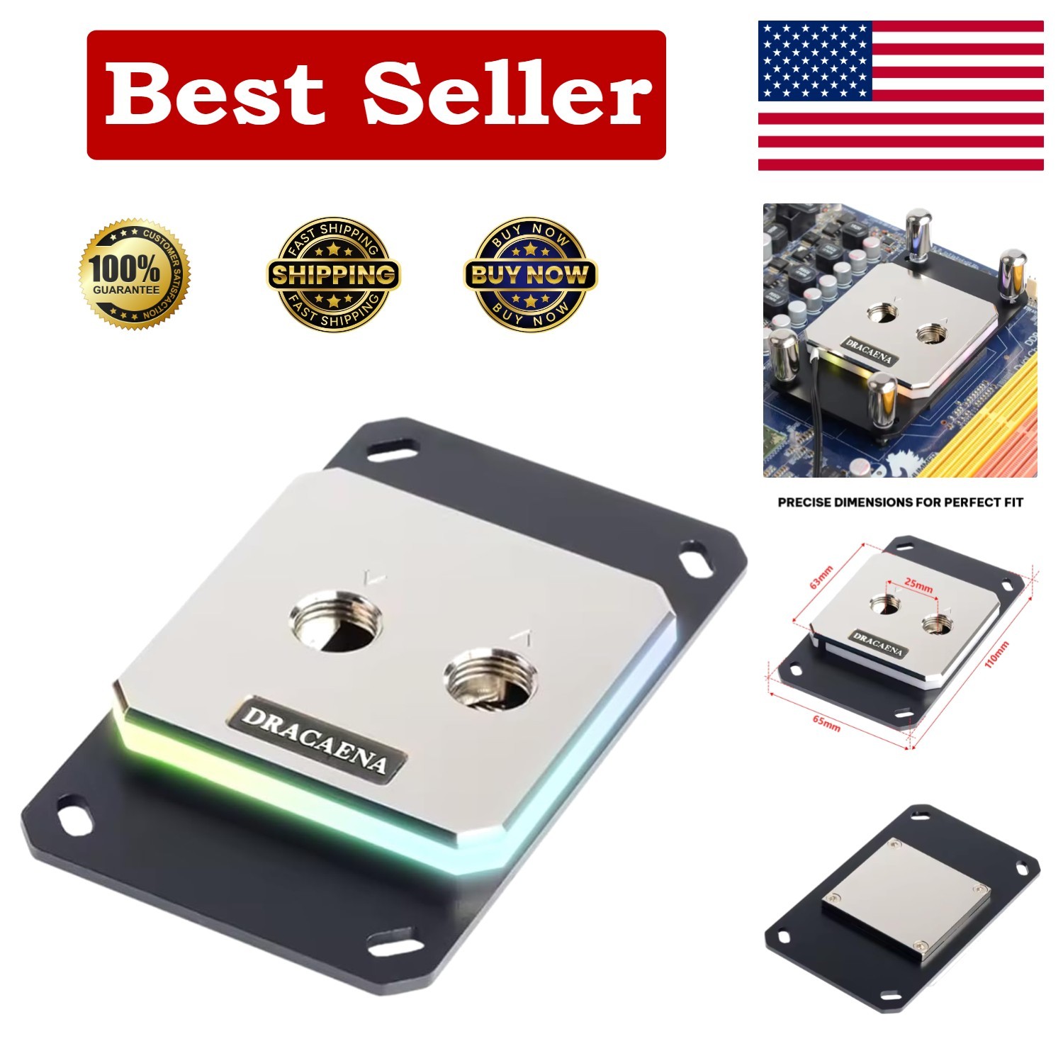 Dracaena.io AMD CPU Water Block, 63x63mm Full Metal RGB Water Cooler for AM4/...