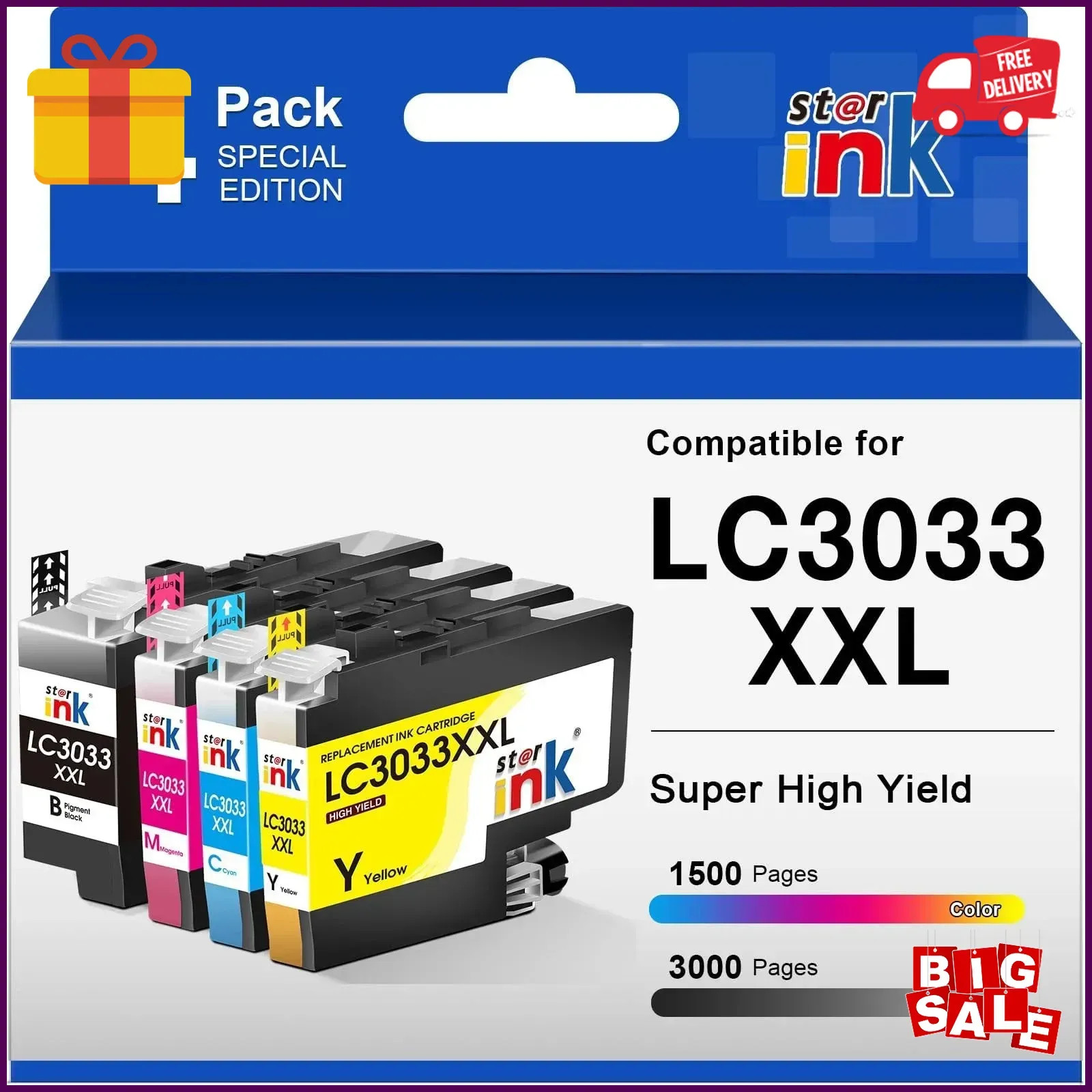 Compatible for LC3033 BK C M Y Ink Cartridges Brother LC3033XXL Super High-Yield