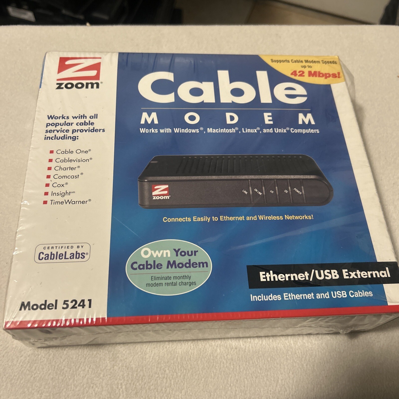 New Zoom Cable Modem Ethernet/USB External Model 5241 Windows Mac Linus Unix