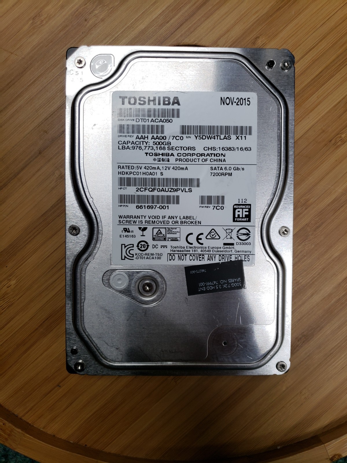 DT01ACA050  Toshiba 500GB 3.5" SATA Desktop Hard Drive 661697-001