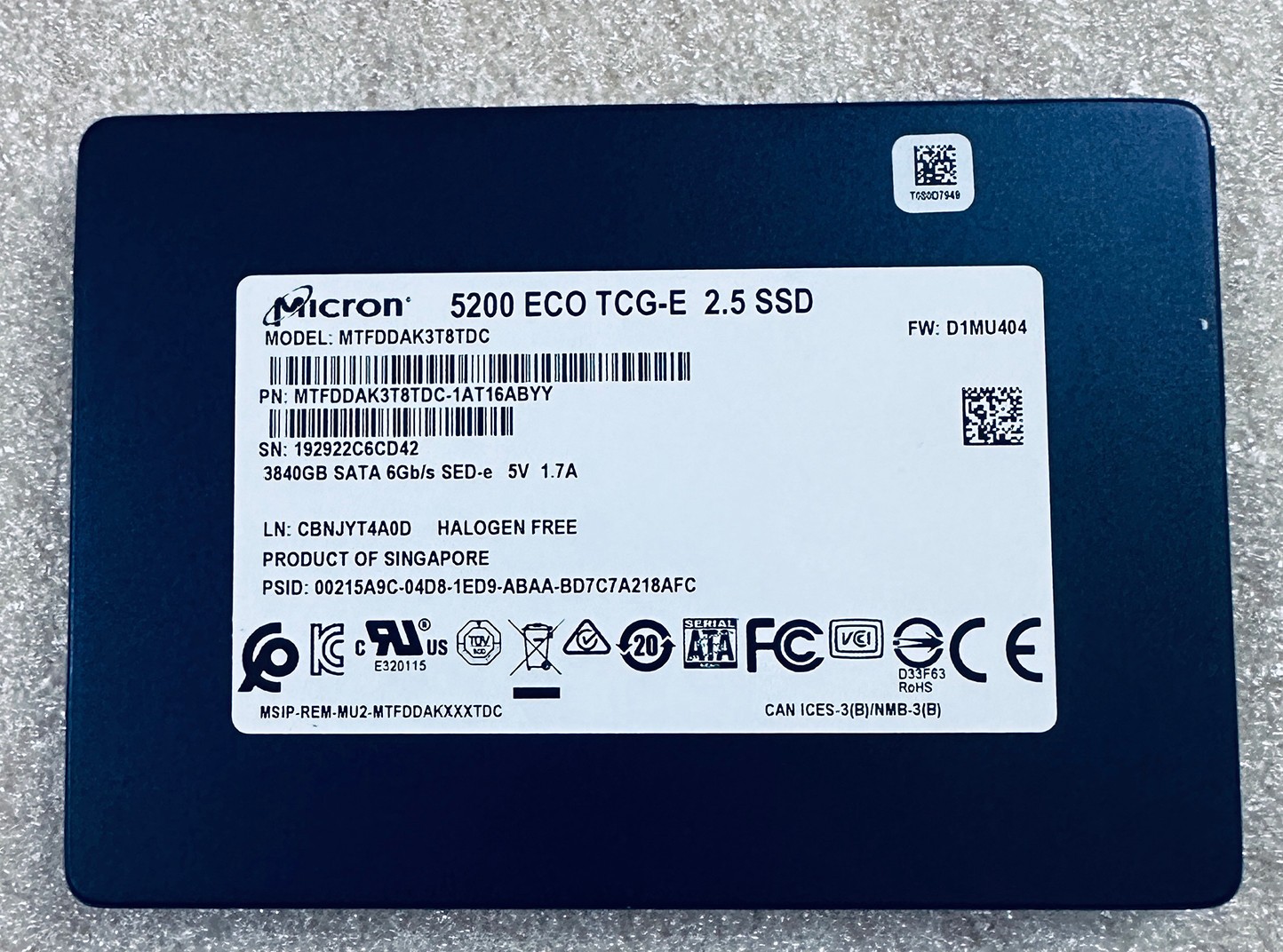 Micron 5200 ECO TCG-E SSD Drive 2.5" 3.84TB Micron MTFDDAK3T8TDC 100% Health