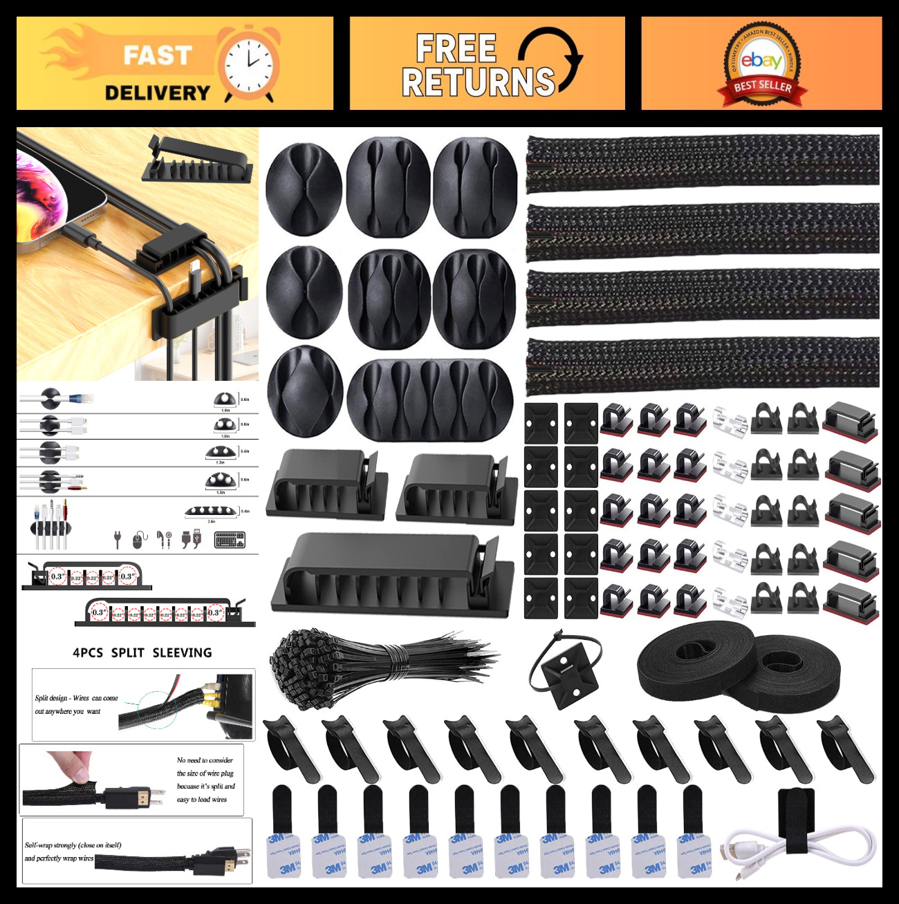 192 PCS Cable Management Kit - 4 Wire Organizer Sleeves, Ties & Clips for Neat S