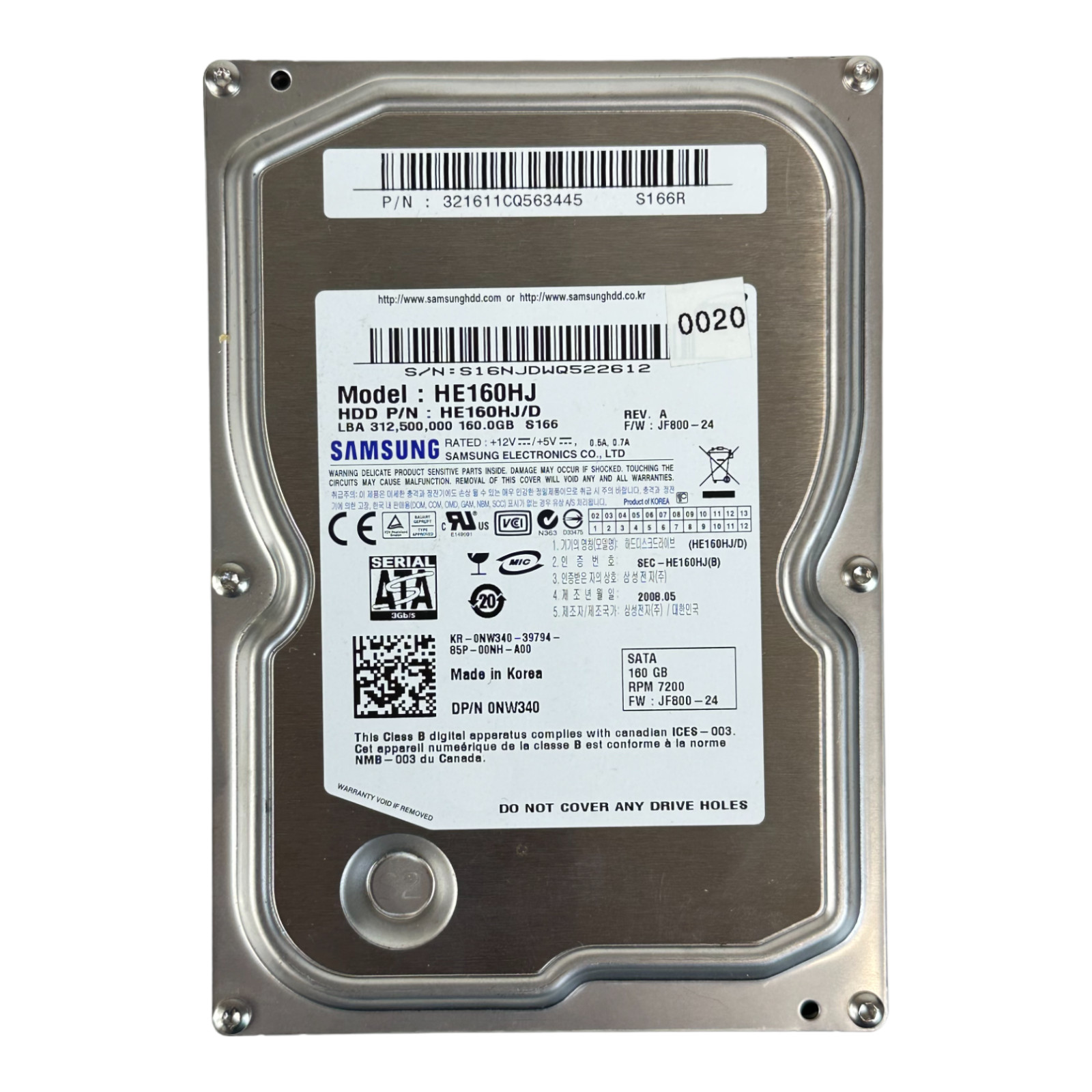 Samsung HE160HJ (HE160HJ/D) REV.A FW:JF800-24 (S166R) 160gb 3.5" Sata Hard Drive