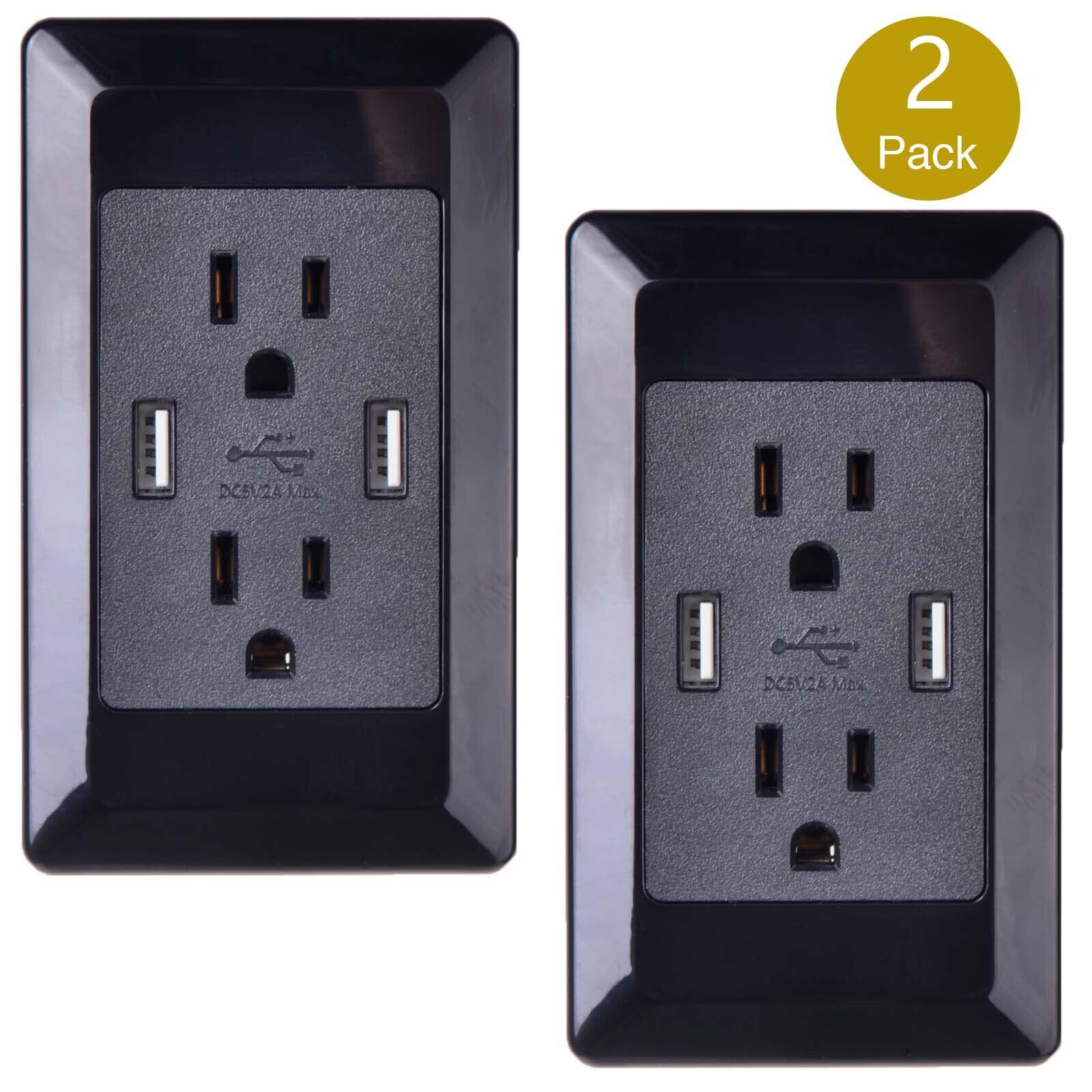 2PK Black Dual USB Wall Plate Charger Adapter Receptacle Socket Plug Outlet New