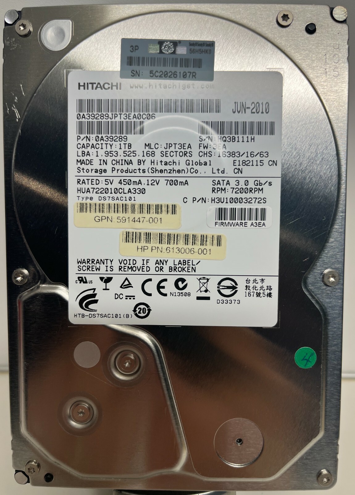 Hitachi HUA722010CLA330 0A39289 JPT3EA JUN-2010 7200 RPM 1.0 TB 3.5" HDD