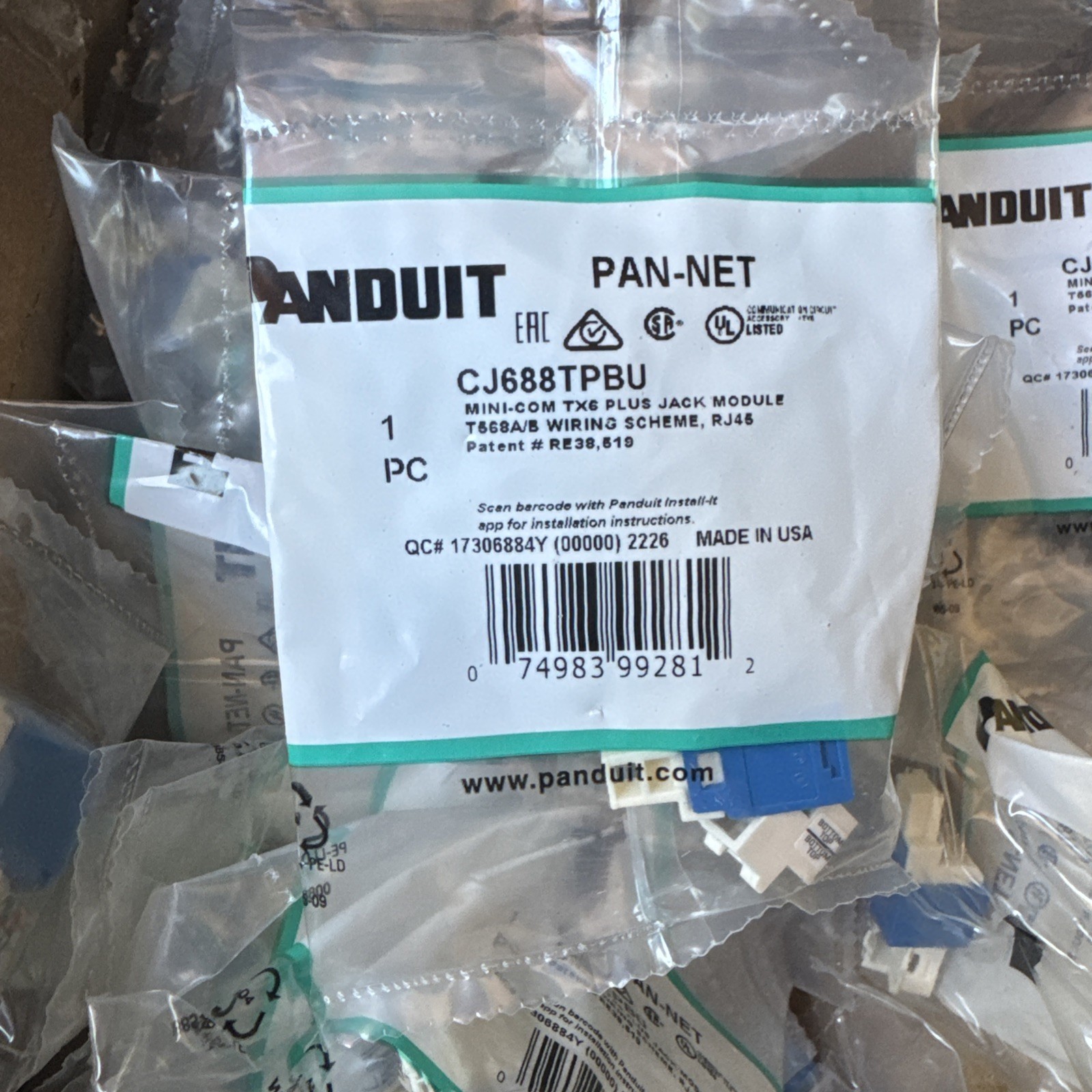 Panduit CJ688TPBU Mini-Com® TX6™ PLUS TP Style UTP Jack Module, Blue (Qty 27)