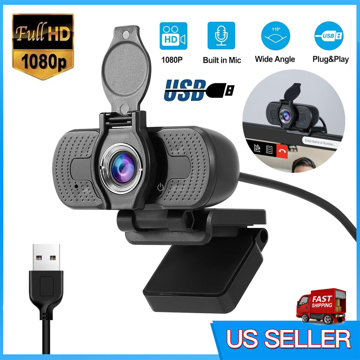Webcam with Microphone for Desktop 1080P HD USB Computer Camera W/ Privacy Cover