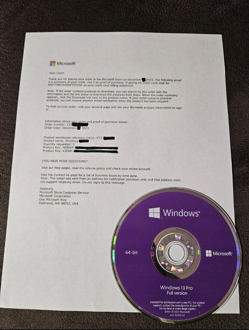 New Win 10 Pro 64 Bit, With DVD Installer, Product Key
