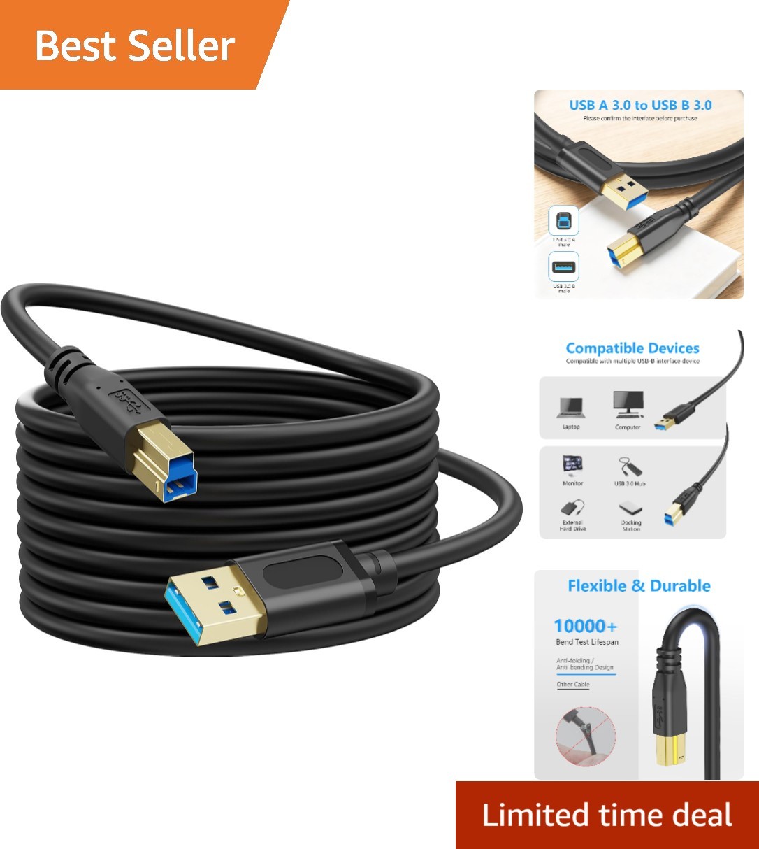 Durable USB 3.0 A-B Cable 25Ft - Supports 5Gbps Data Transfer & Multiple Devices