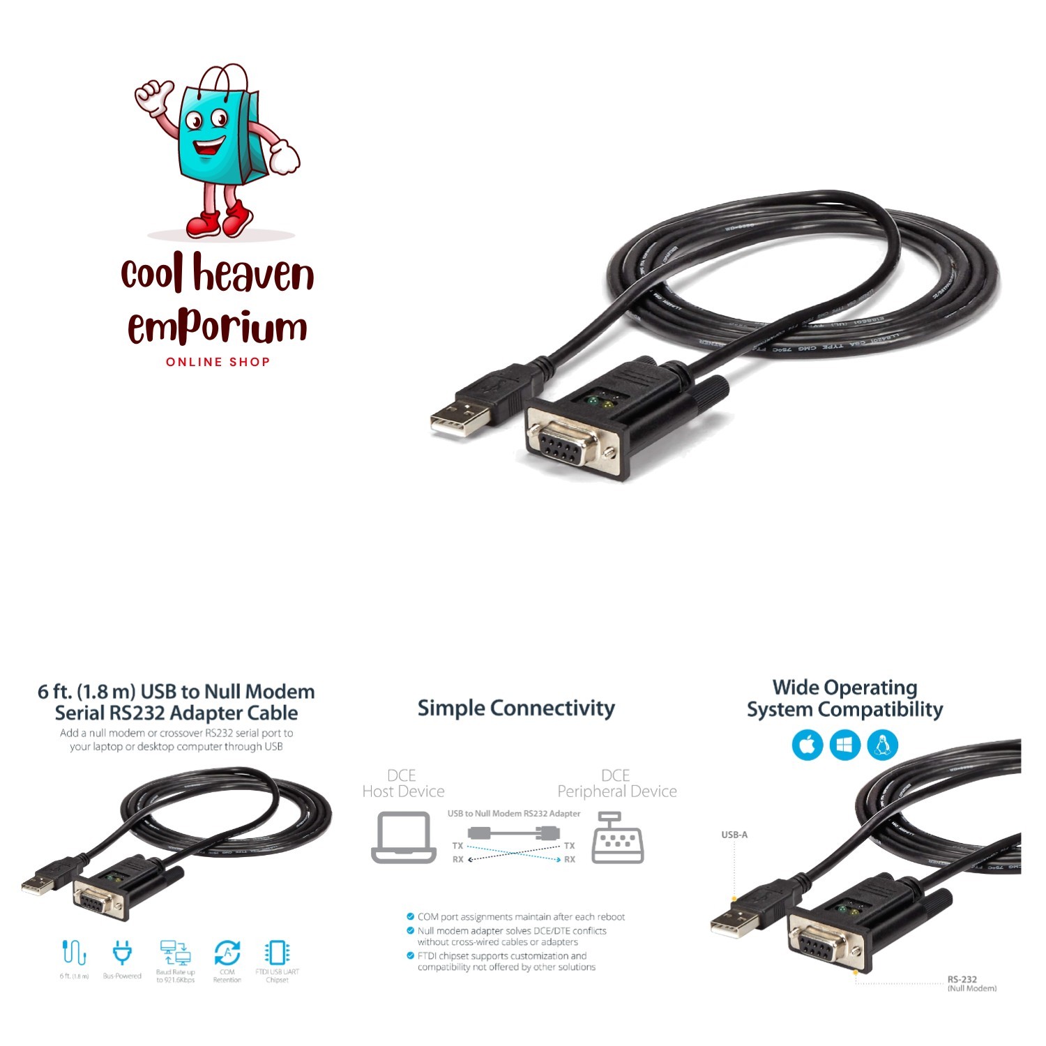 StarTech 6ft USB to Serial RS232 Adapter, Null Modem, TAA ICUSB232FTN