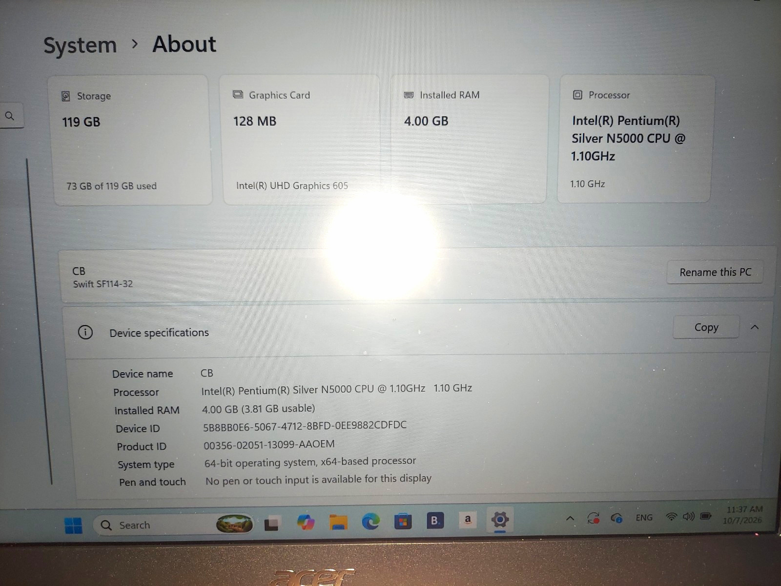 Acer Swift 1 SF114-32 13.3" FHD Pentium N5000 4GB Fingerprint Reader