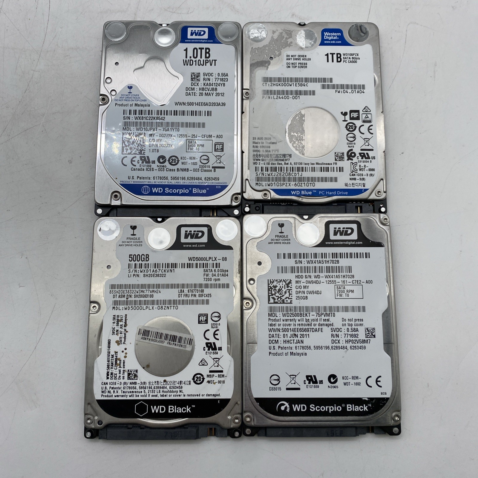 Lot of 4 Western Digital WD10JPVT WD10SPZX-60z10T0 WD5000LPLX-08 WX41A51H7028