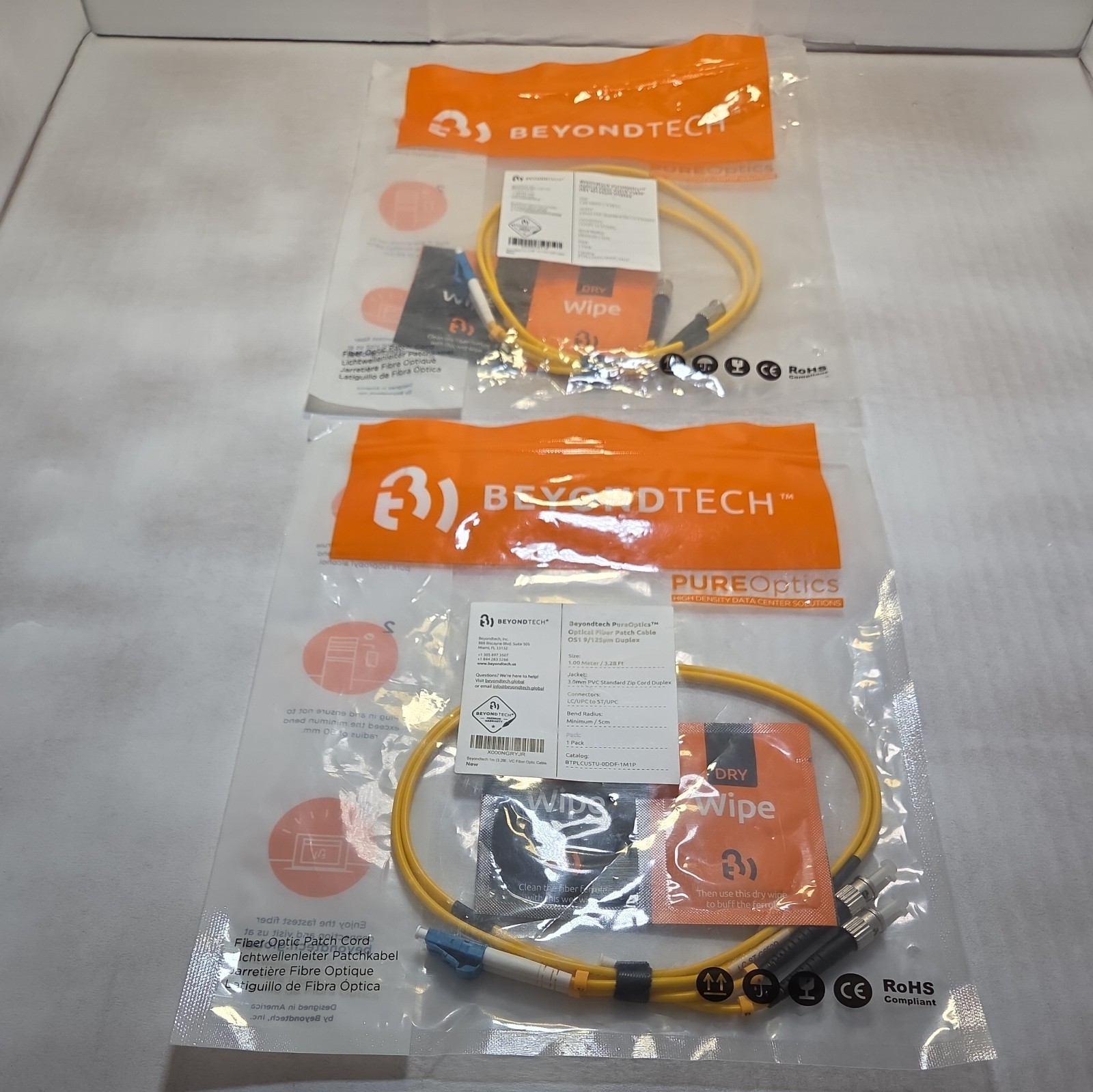 2 packs BeyondTech Pureoptics Optical Fiber Patch Cable OS1 9/125um Duplex 1M