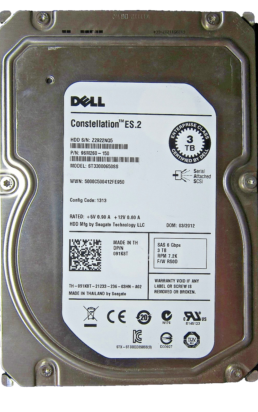 3TB Seagate Constellation ES.2 ST33000650SS SAS (6Gb) 3.5" HDD Dell P/N: 091K8T