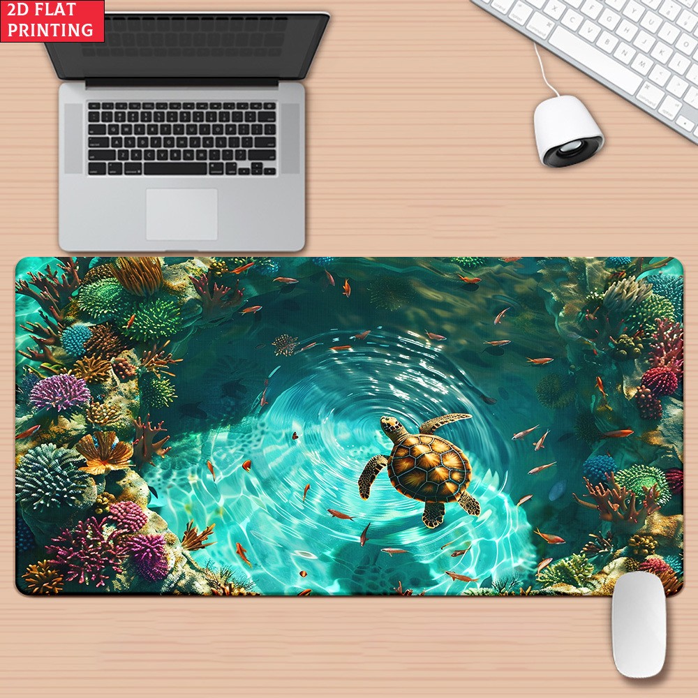 2D Flat One-Piece Illusion Tropical Sea Turtle Mouse Pad, Gaming Keyboard Addi