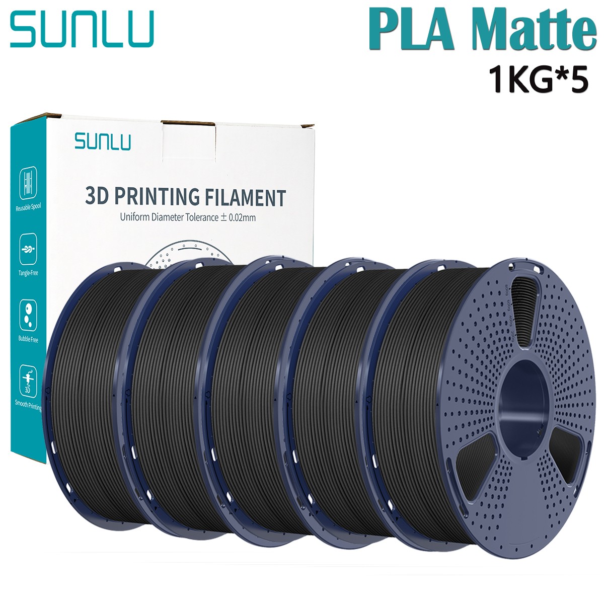 SUNLU 5x1KG Matte PLA 3D Printer Filament 1.75mm PLA Matte 5KG Matte Finish