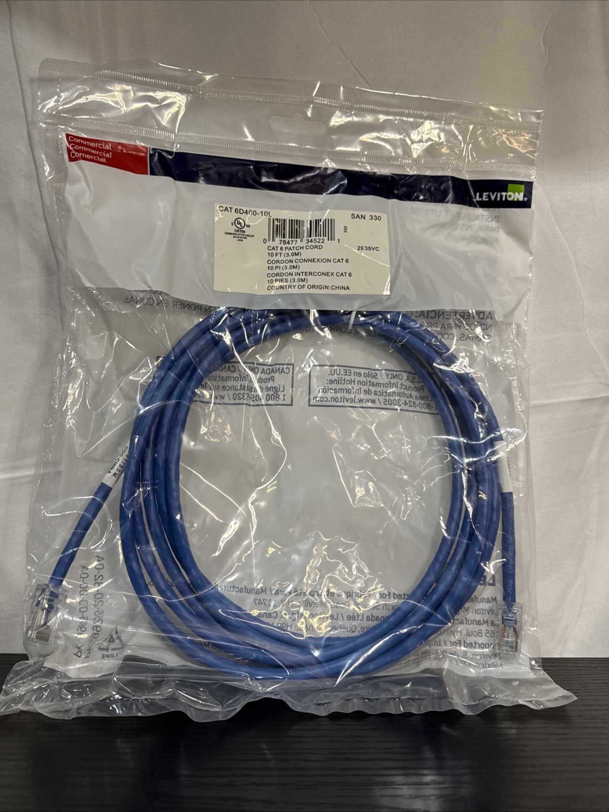 Leviton TELCOM 6D46010L Extreme 6 Patch Cord Cat6 Slim 10ft Blue - NEW