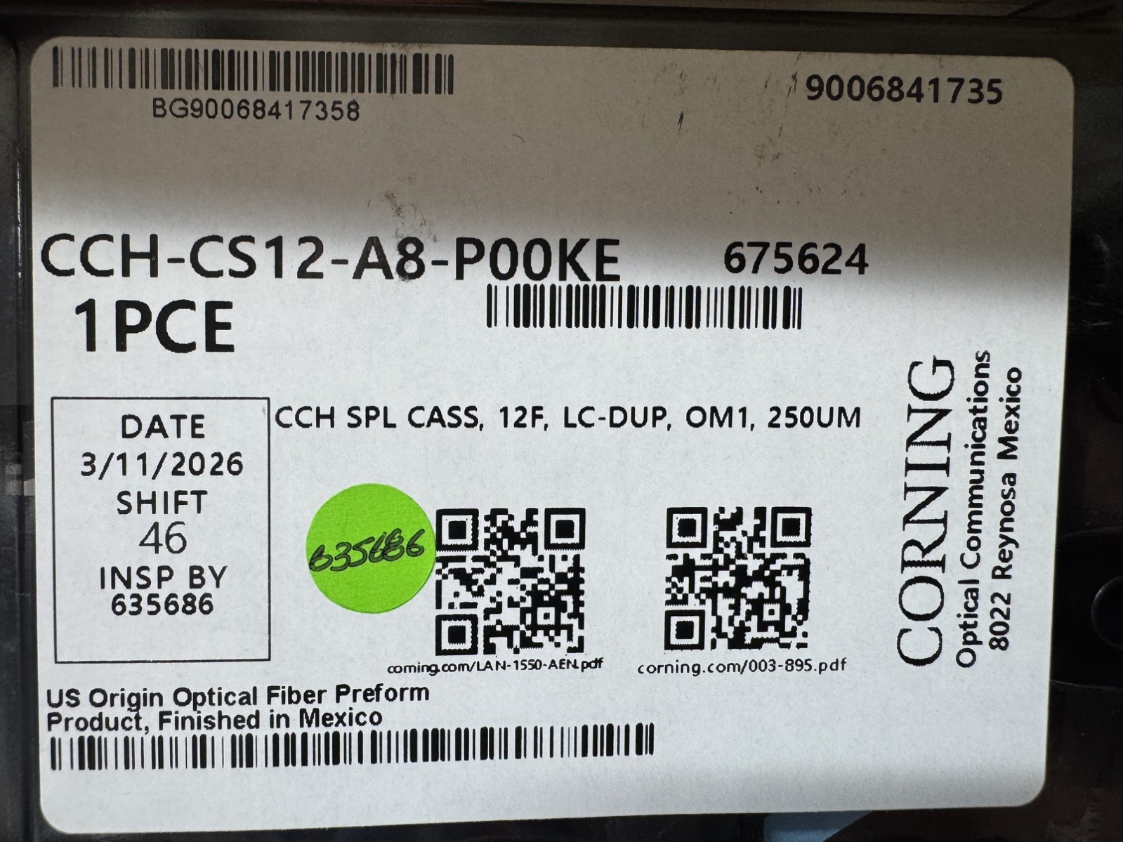Corning CCH-CS12-A8-P00KE Pigtailed Splice Cassette, 12 F, LC Duplex OM1 ~STSI