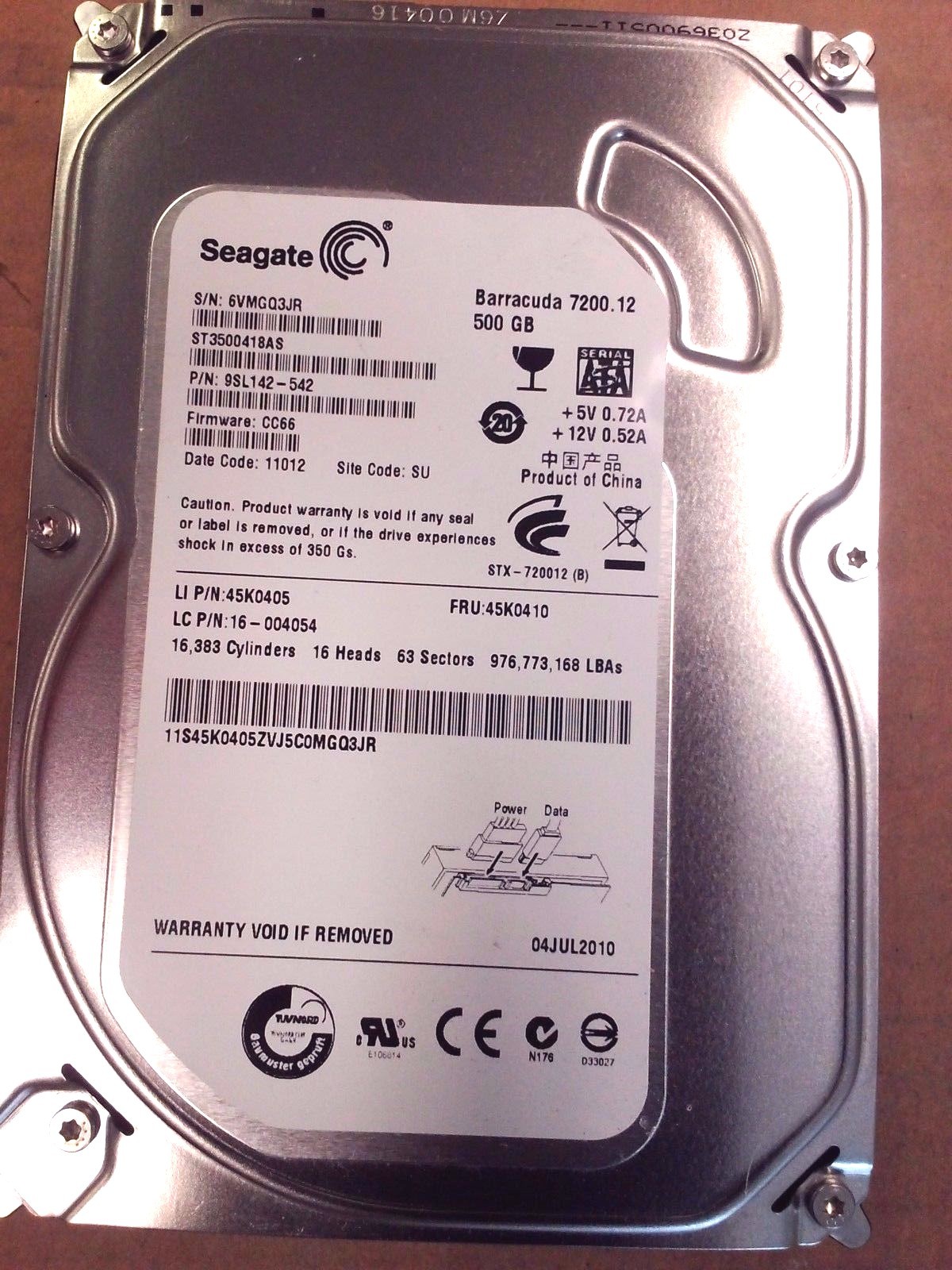 SEAGATE IBM 7200.12 ST3500418AS 500GB SATA HARD DRIVE 9SL142-542 CC66 45K0405