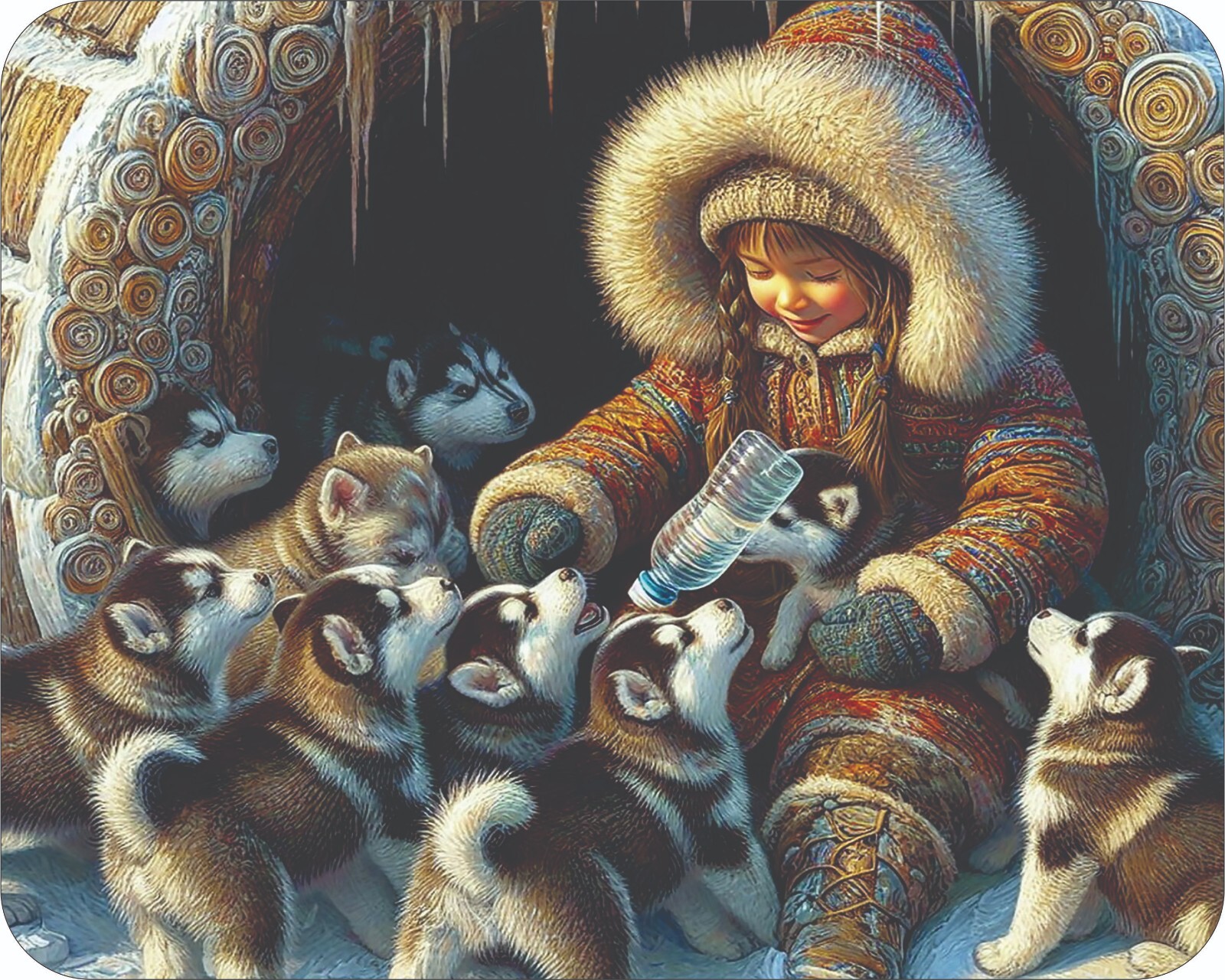 cute Alaskan Huskies Puppies feeding Time  Mouse Pad Stunning Photos