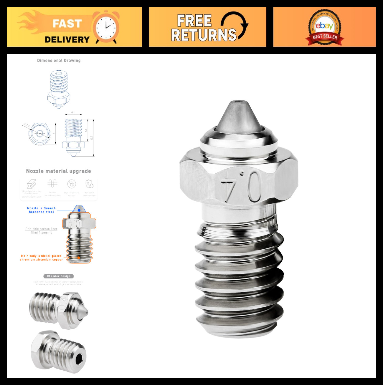 Upgrade V6 Bimetal Nozzle 0.4mm Hardened Steel for 1.75mm 3D Printers, PEI PEEK