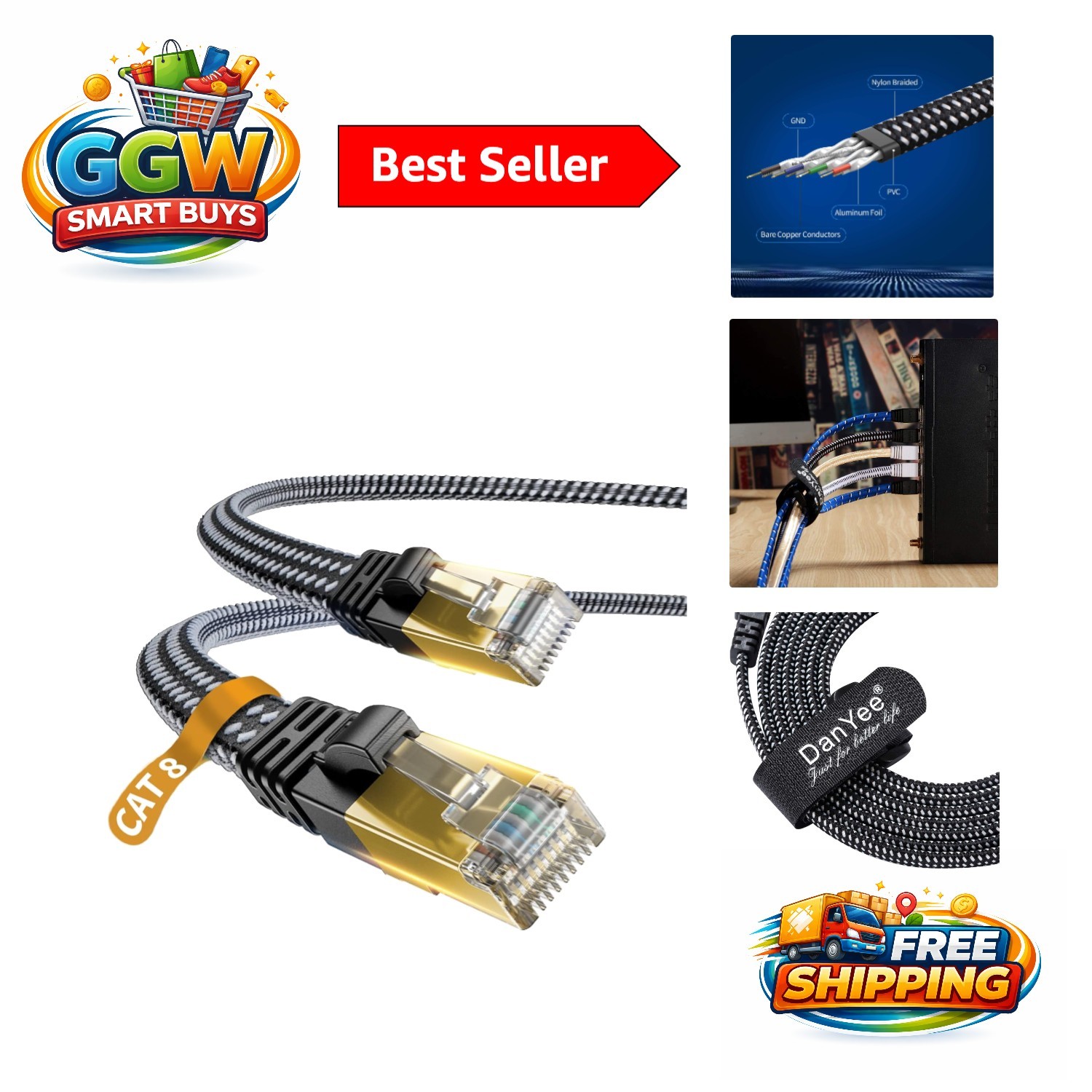 6.5ft Cat 8 Ethernet Cable - Braided Nylon, 10 Gbps & Universal Compatibility