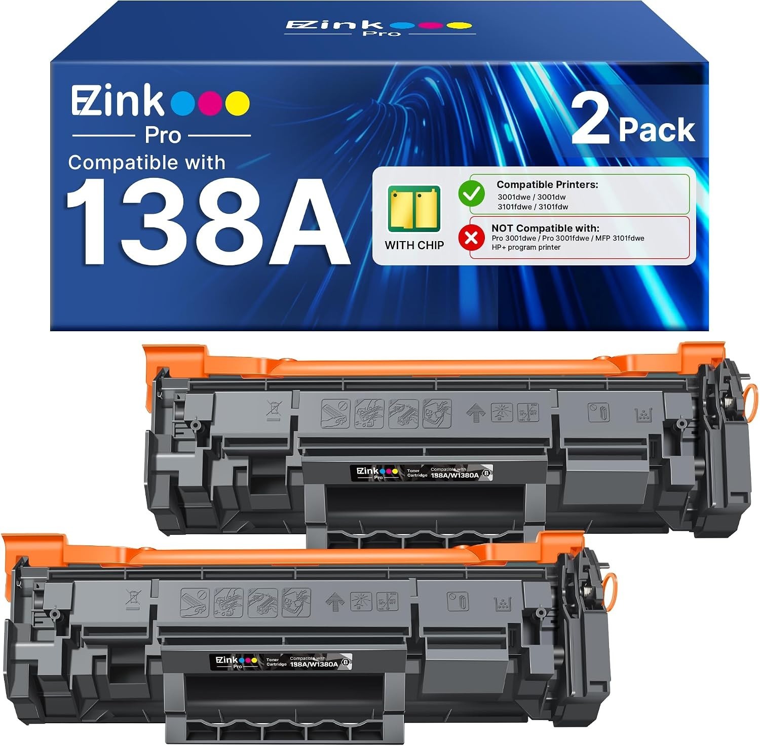 2PK W1380A Toner with Chip For 138A HP LaserJet Pro 3001dw 3001fdw MFP 3101fdw