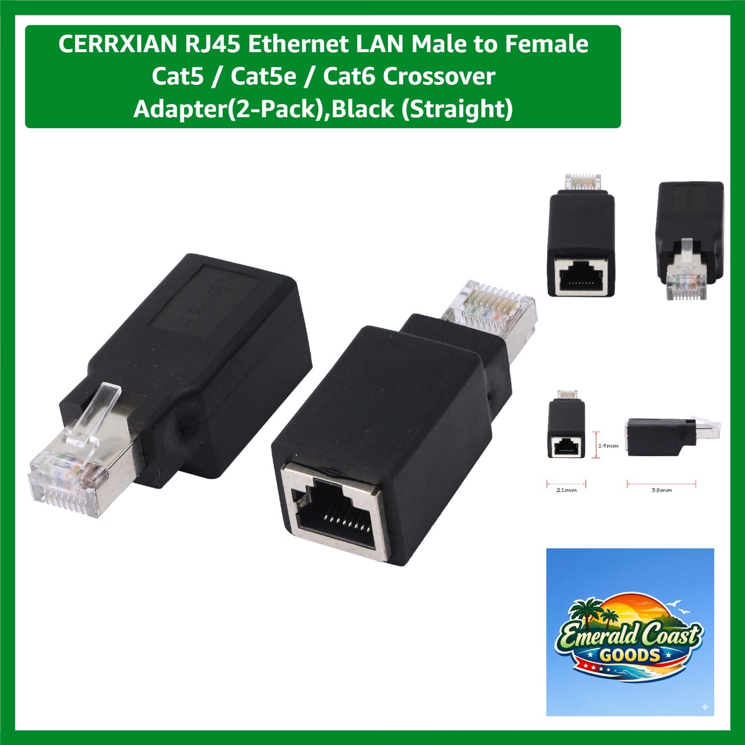 RJ45 Ethernet LAN Male to Female Cat5 / Cat5e / Cat6 Crossover Adapter2-Pack,...