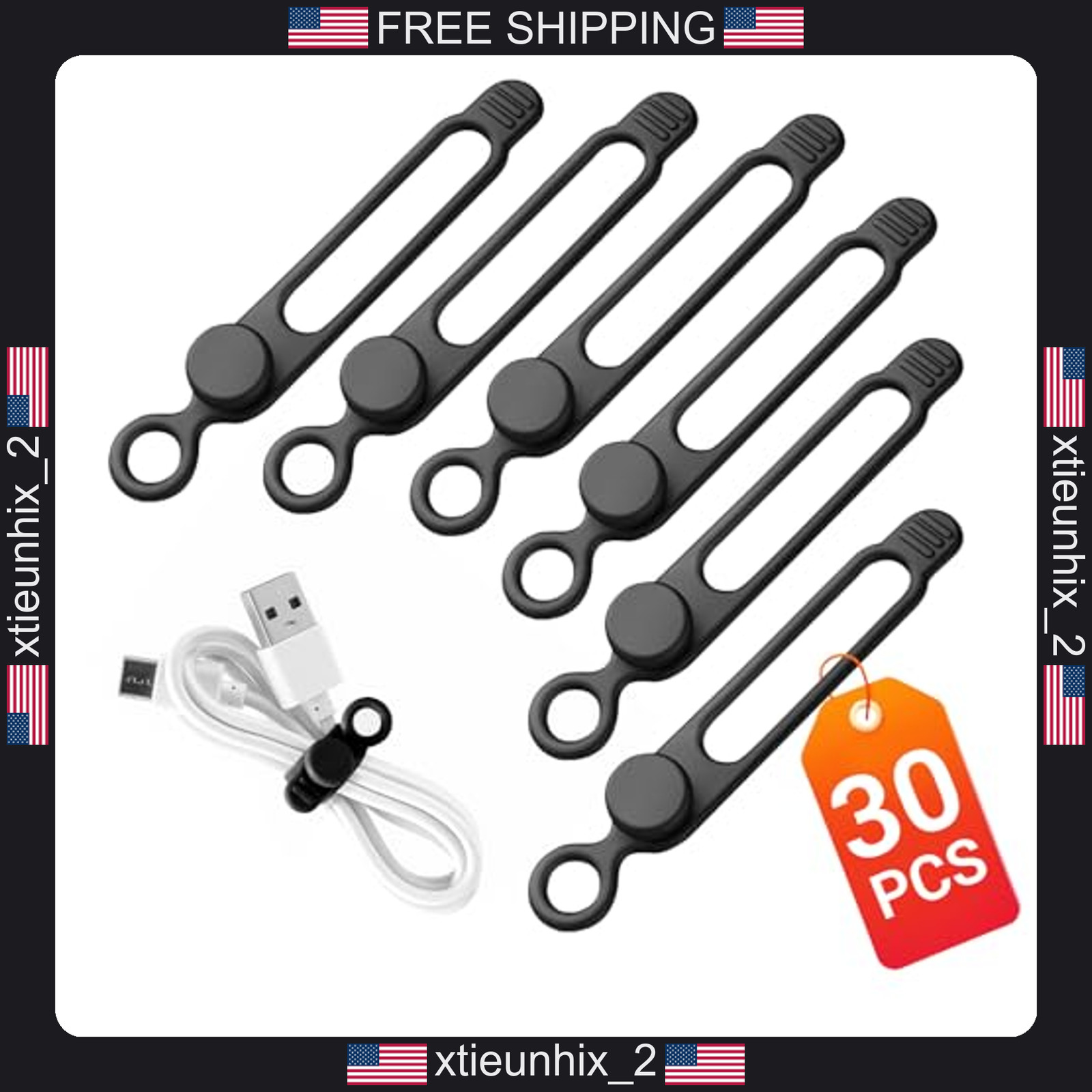 Silicone Cable Ties 30 Pack Reusable Black Cord Organizers for Home Office