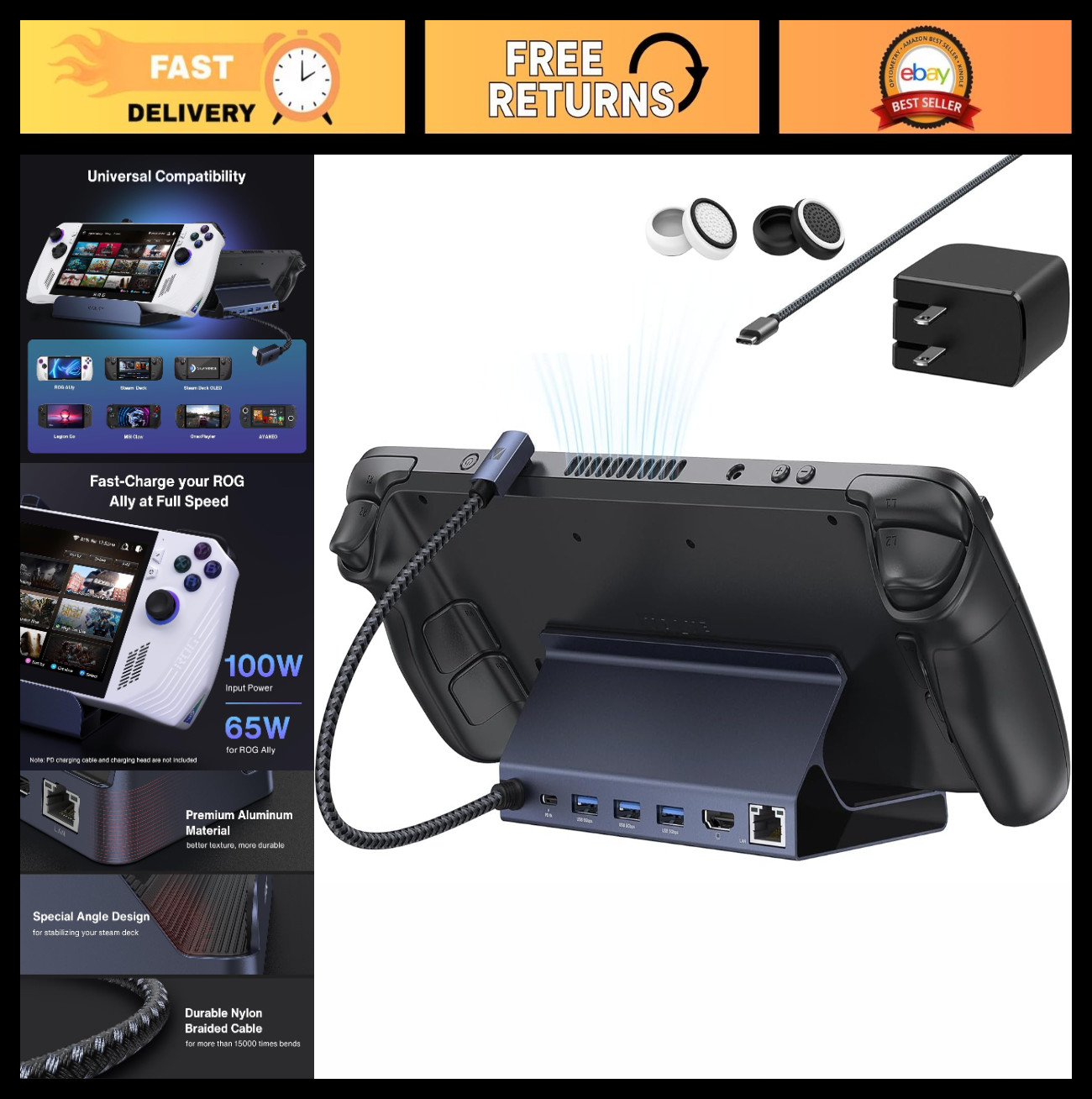 8-in-1 4K@144Hz Docking Station for Steam Deck, ASUS ROG, MSI - HDMI 2.1, USB-A,