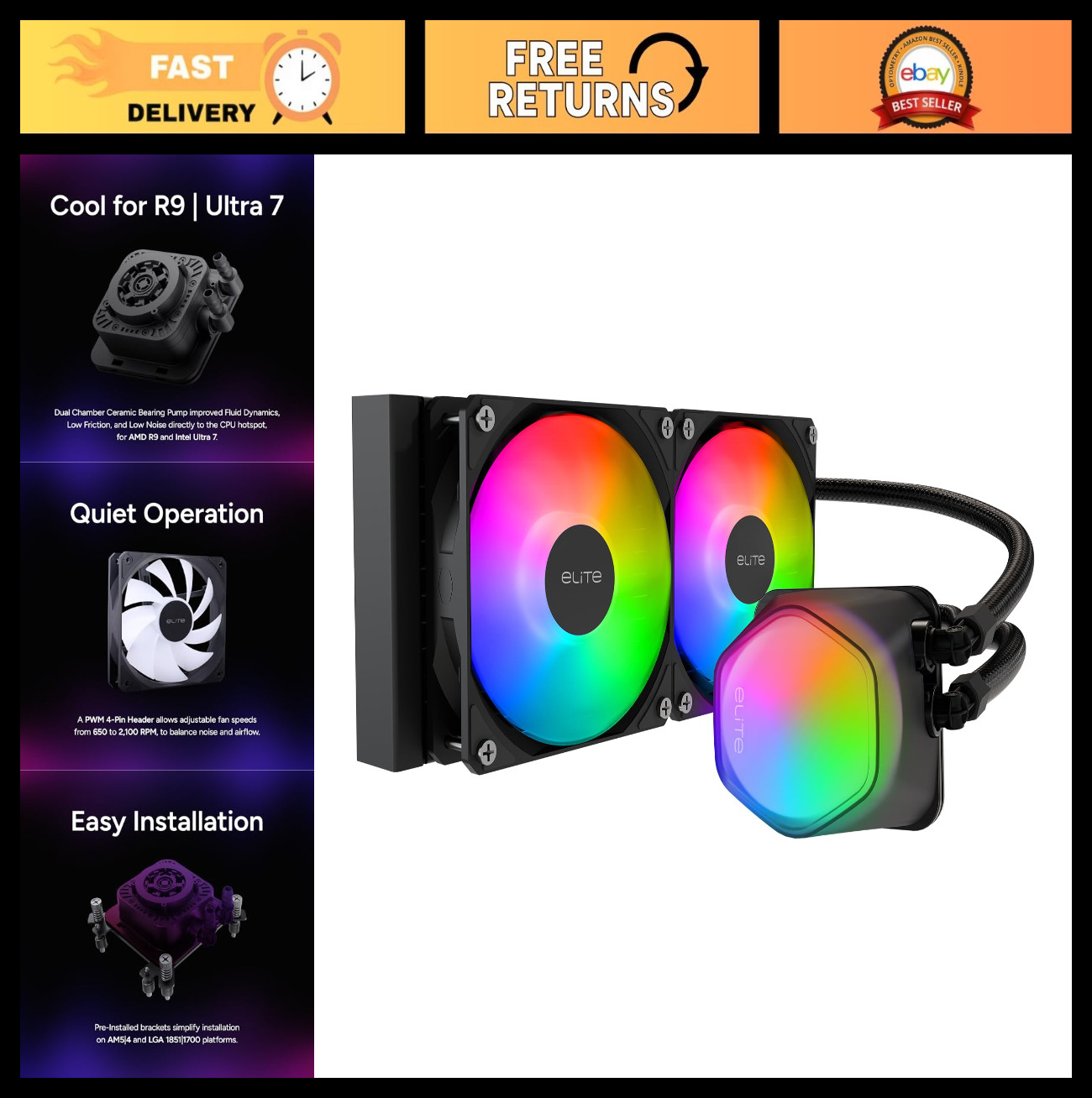 240mm AIO Liquid CPU Cooler with ARGB Lighting - High Performance Cooling Soluti