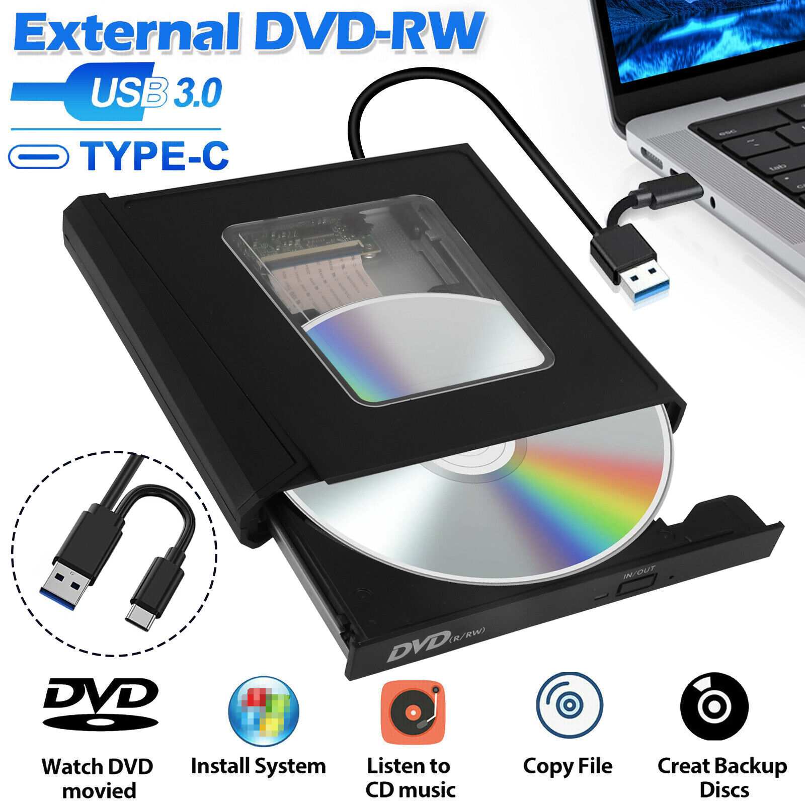 Slim External CD DVD RW Drive USB 3.0 Writer Burner Player for Windows 7 8 10 11
