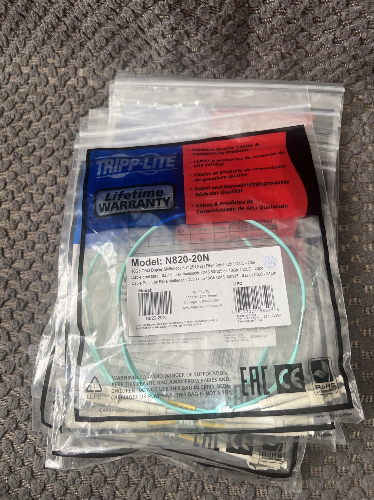 Tripp Lite N820-20N 10Gb Duplex Multimode 50/125 OM3 LSZH Fiber Patch Cable 20in