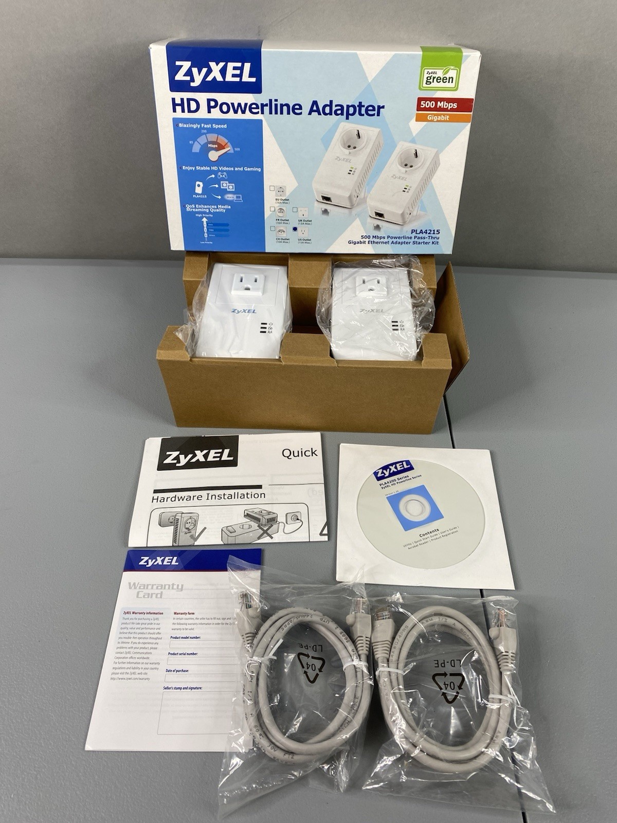 ZyXel HD Powerline Pass-Thru Ethernet Network LAN Adapters Pair PLA4215 500 Mbps
