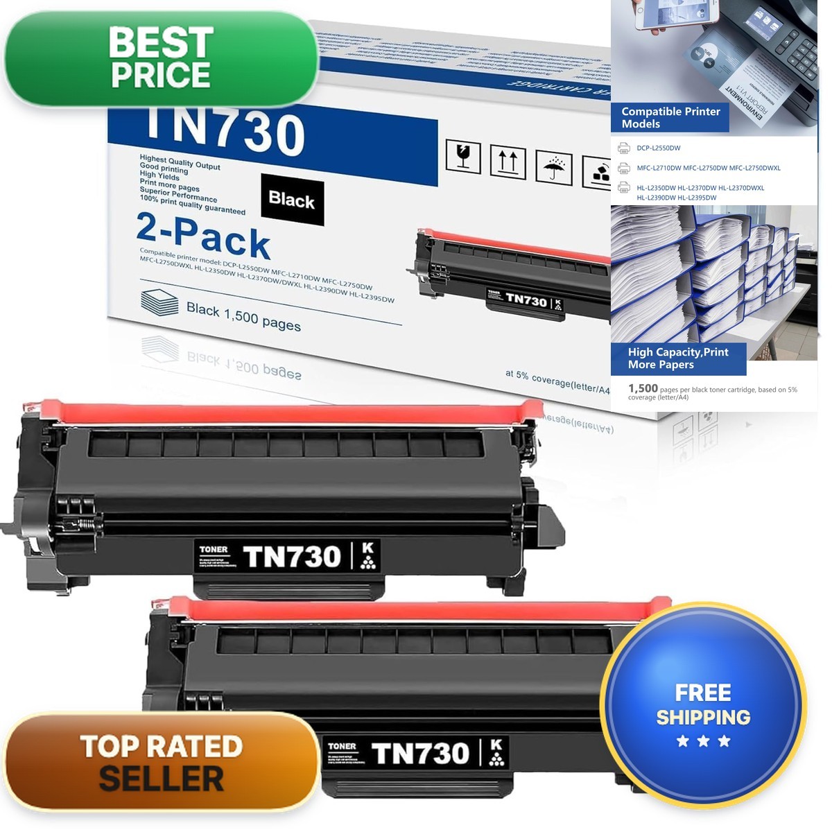 MOLIMER TN730 Black Toner Cartridge 2 Pack Compatible