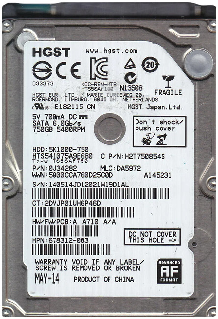 HGST HTS541075A9E680 750GB SATA HDD Tested Sanitized - Premium Grade