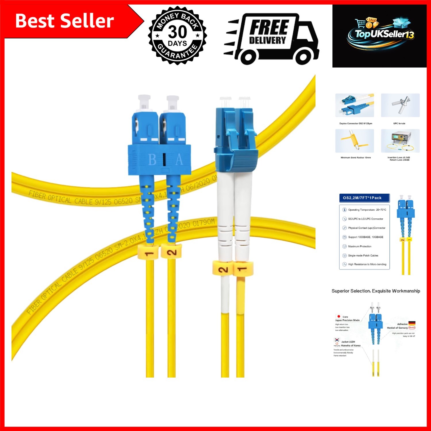 OS2 SC to LC Single Mode Fiber Patch Cable 2M/7ft
