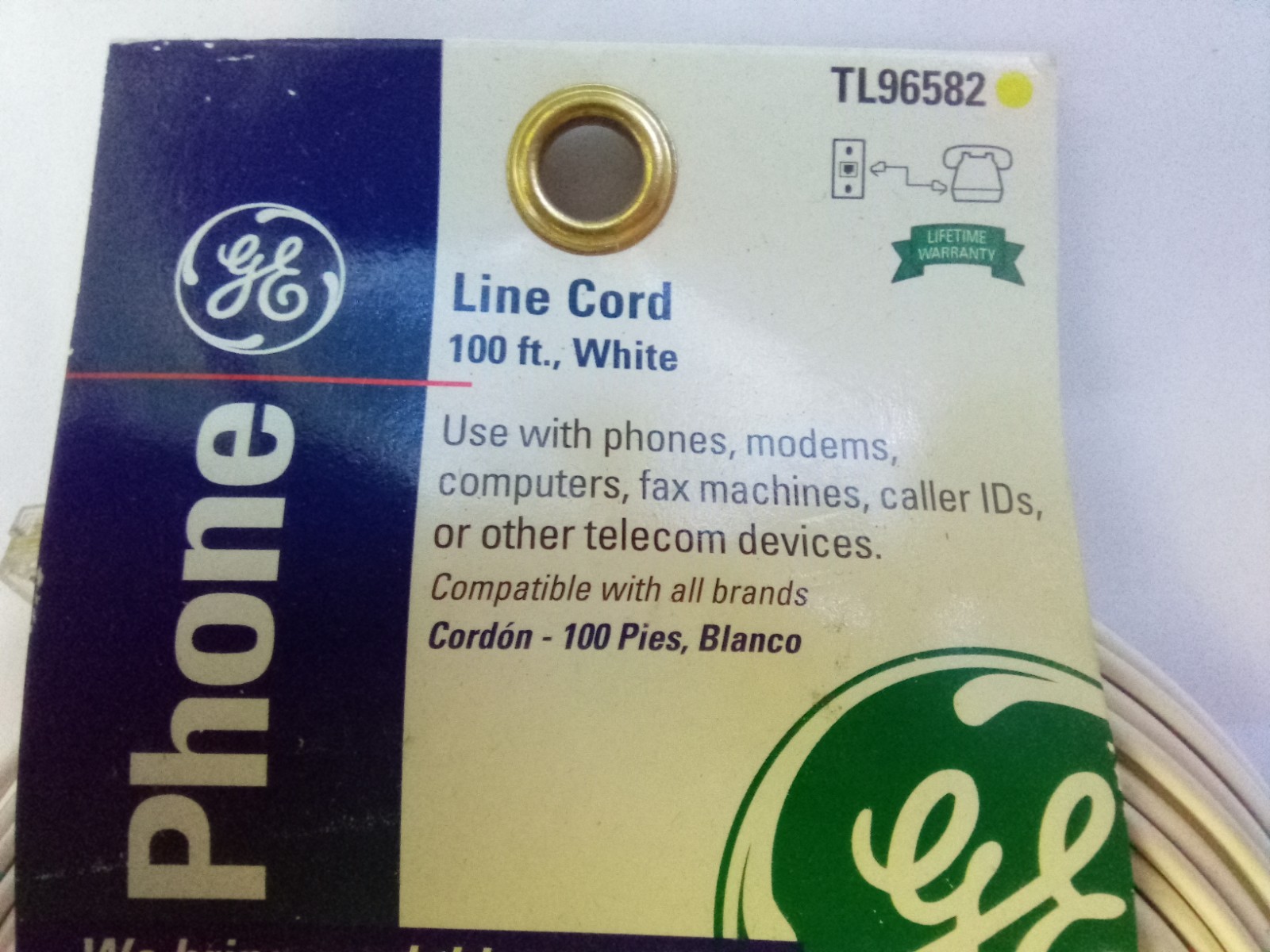 New GE Phone Line Cord 100 FT Feet White TL96582