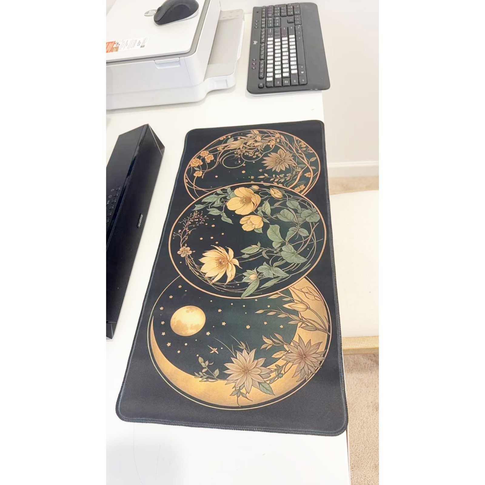 Celestial Floral Moon Phases Desk Mat - Large Waterproof Mouse Pad for Witchy