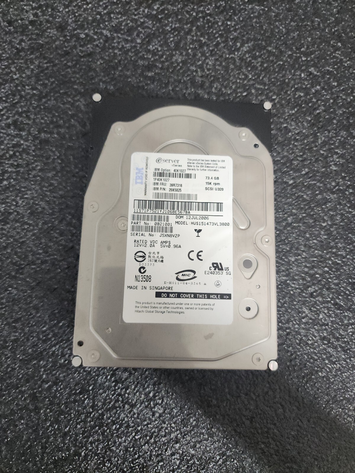 HUS151473VL3800 HITACHI IBM 73.4GB 10K RPM 3.5IN U320 SCSI DOM: 06JUN2006 ESERVE