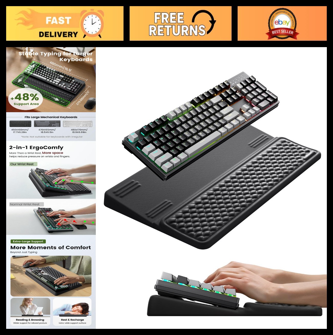 Extra-Large Ergonomic Wrist Rest & Keyboard Stand - Soft Memory Foam Cushion for