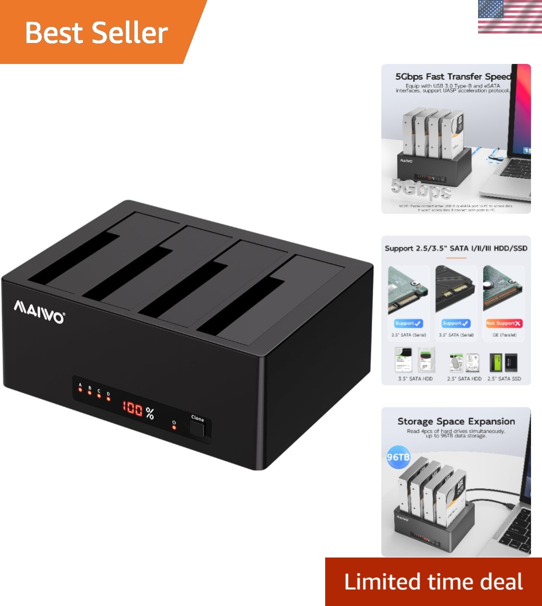 4 Bay Hard Drive Docking Station Cloner for 2.5 & 3.5 Inch SATA - 96TB Capacity